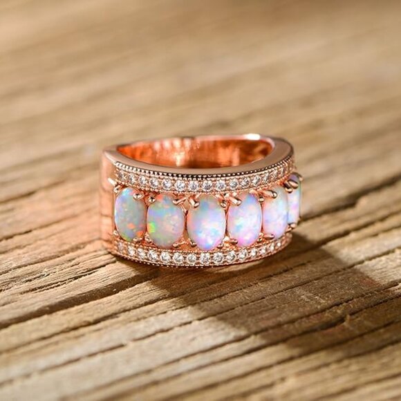 Neiman Marcus 18k Rose Gold Oval-Cut Created White Opal & Cubic Zirconia Ring - Picture 2 of 5